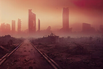 post-apocalyptic ruined city, dead wasteland. Destroyed buildings, destroyed roads, collapsed skyscrapers. apocalypse concept illustration as header wallpaper background