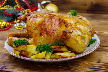 Baked whole chicken with potato and Christmas decorations on a wooden table