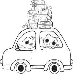 cute Christmas cat friend and snowman celebrate in car cartoon svg doodle outline hand drawn