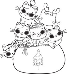 cute Christmas kitty cats friend in santa bag outline svg cartoon doodle hand drawn