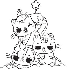 cute Christmas kitty cats tree outline svg cartoon doodle hand drawn