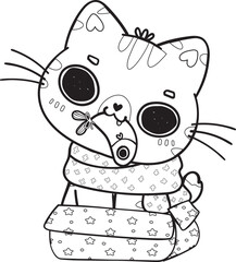 cute Christmas kitty cat in gift present box outline svg cartoon doodle hand drawn