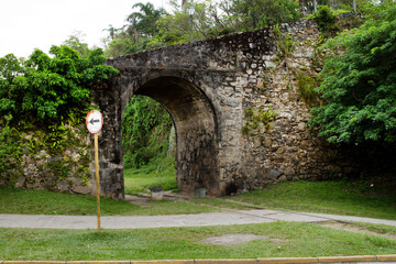Old stone bridge in the city landscape. View of the medieval stone bridge in Itanhaem, Sao paulo