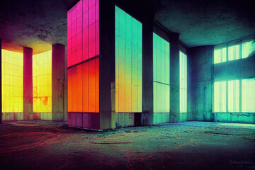 abandoned nuclear power station, colorful radiation, post-apocalyptic background