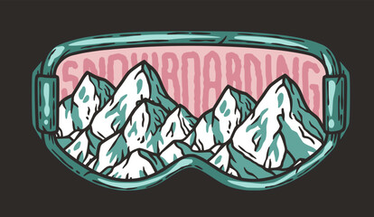 A winter extreme sport. Snowboarding and skiing equipment. Snow mountains. Printable print