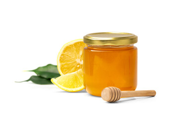 Honey with lemon on white background.