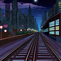 Fototapeta na wymiar Panoramic view of train line towards chicago loop in chicago by night, usa