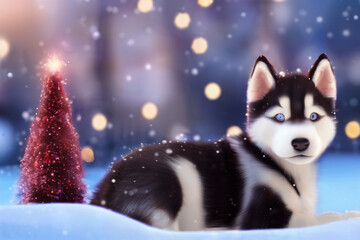 Animated Style Husky dog in front of a tree while is snowing