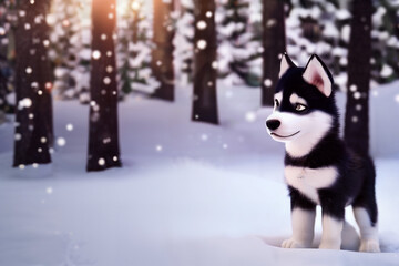 Animated Style Husky dog in front of a tree while is snowing