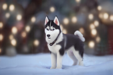 Animated Style Husky dog in front of a tree while is snowing