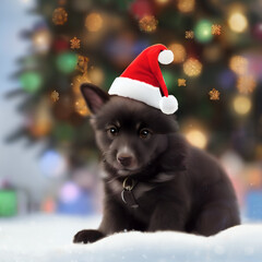 Cute big eyes Animated Style Festive Dog sitting in front of a tree while is snowing 