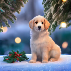Cute big eyes Animated Style Festive Dog sitting in front of a tree while is snowing 