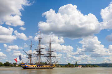 HEURTEAUVILLE, NORMANDY, FRANCE: arrival of the 2019 Armada tall ships, Hermione sailing on the...