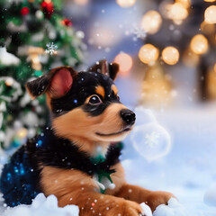 Cute big eyes Animated Style Festive Dog sitting in front of a tree while is snowing 