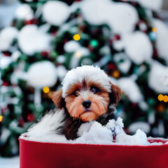 Cute big eyes Animated Style Festive Dog sitting in front of a tree while is snowing 