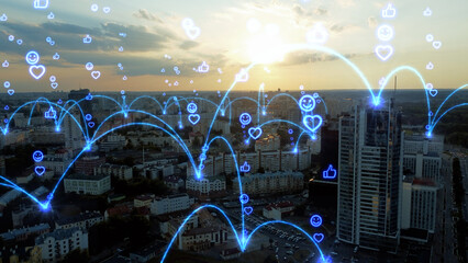 Social media emoji icons appear in different parts of the city. The center of the city united by a...