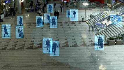 Facial recognition technology scan and detect people face for identification in crowded places. IOT...