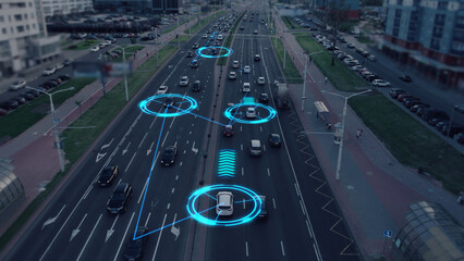 Visualization of the interaction of self-driving autonomous vehicles. Robotic cars are controlled by AI, driving along a busy city avenue, scanning the road with sensors, exchanging information. - obrazy, fototapety, plakaty