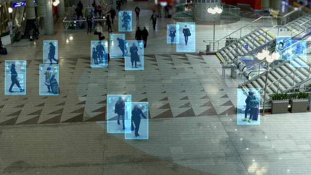 Facial recognition technology scan and detect people face for identification in crowded places. IOT CCTV, security camera motion detection system recognizes and identifies people using big data and AI