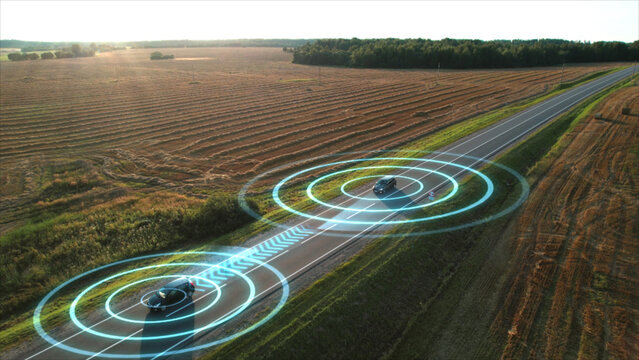 Autopilot of autonomous cars via gps controls traffic. Smart cars on the highway. Future self-driving transport. Artificial Intelligence Scans Surrounding Environment. Ai technology concept.
