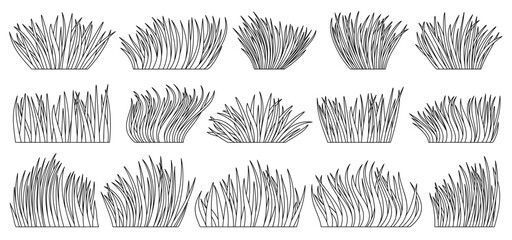 Grass natural organic lawn outline set. Coloring book page summer herb meadow. Eco plant fresh separate bush. Different shape linear herbal turf. Greenery leaves line icon. Foliage landscape border