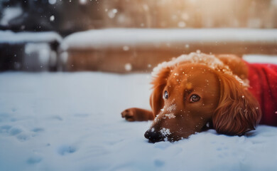 Photography of a cute dog sitting in front of a Christmas tree while is snowing