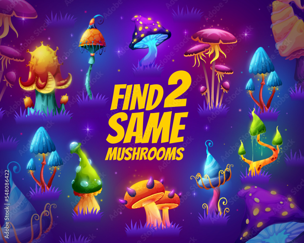 Poster find two same magic mushrooms. kids game worksheet, kindergarten child quiz with comparing exercise 