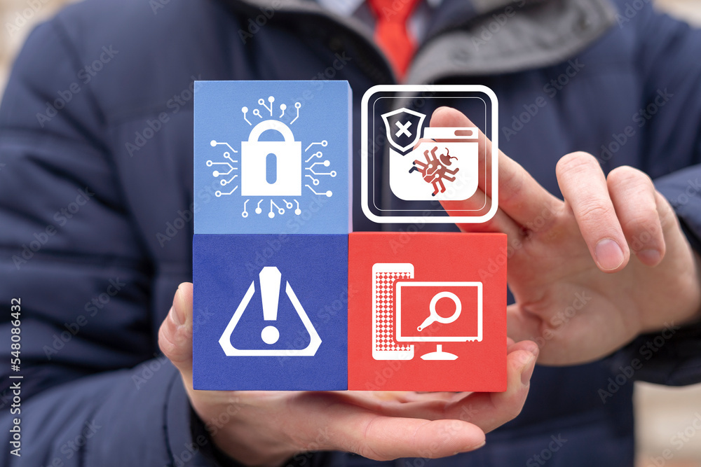 Poster concept of cyber vulnerability. malware, spyware, virus, hacker attack. electronic security.