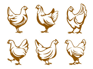 Hen icons, chicken farm and poultry meat vector symbols of farmhouse bird. Chicken or hen flat emblems for farm products, eggs and fowl meat, cattle farm food and organic shop signs