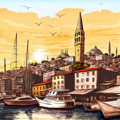 Obraz premium Cityscape of istanbul with the view on galata tower and boats in golden horn bay, turkey