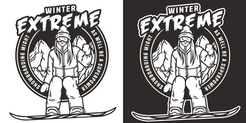 Snowboarder or woman on a snowy mountain. Winter season extreme sport. Emblem about snowboarding