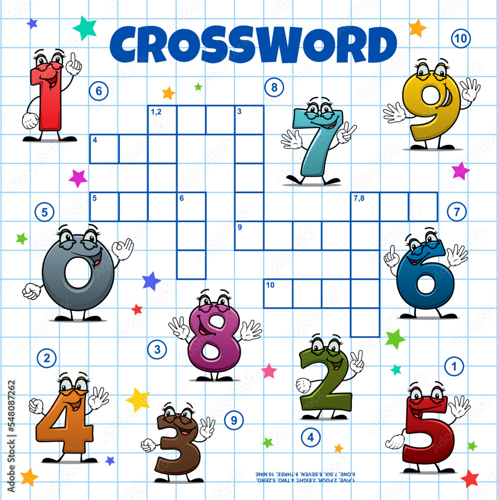 Poster cartoon school numbers and digits. crossword grid. find a word quiz game, child vocabulary puzzle, w