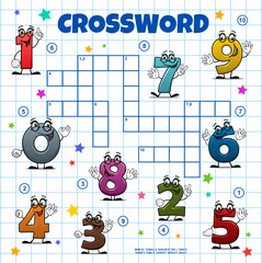 Cartoon school numbers and digits. Crossword grid. Find a word quiz game, child vocabulary puzzle, wordsearch playing activity vector worksheet with cheerful digits characters