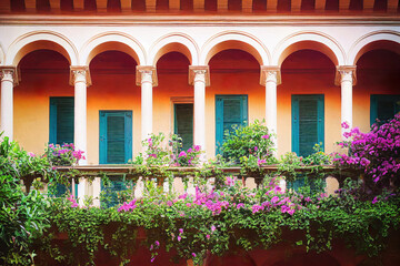 Fototapeta na wymiar italian manor windows with flowers