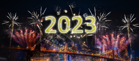 Happy New Year 2023 concept celebration success with fireworks over big city, Concept for begin again and success.
