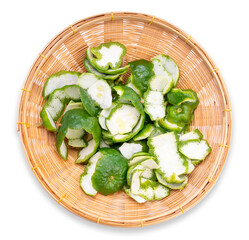 Kaffir lime skin in basket isolated on white background, Bergamot skin on white background with work path.