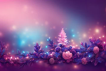 Wandaufkleber Winterlandschaftsdekorationshintergrund, Weihnachtsbaum und Dekorationen als Panoramatapetenkopf © Gbor