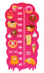 Kids height chart. Cartoon desserts, cakes, donuts and sweets, ice cream and pastry. Growth measure ruler scale with funny cheesecake, chocolate croissant and pudding or cookie, waffle and donut
