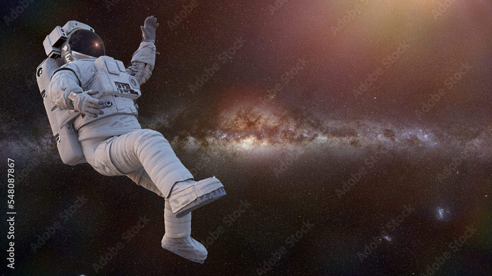 Wall mural astronaut in empty space, person in spacesuit in microgravity environment