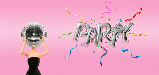 Girl in black dress with disco ball head , next to which.Letter-shaped helium balloons float with colorful ribbons and confetti and spell out the word PARTY.Minimal party concept.