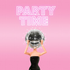 Girl in a black dress with a disco ball on her head, on pink pastel background, above which the...