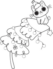 cute Christmas naughty cat on pine tree cartoon svg doodle outline hand drawn