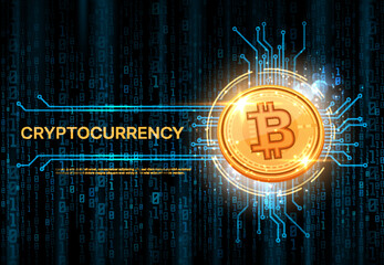 Bitcoin crypto currency banner. Cryptocurrency wallet backdrop or wallpaper, bitcoin mining vector background or banner. Electronic money token cover with golden coin, motherboard track, binary code