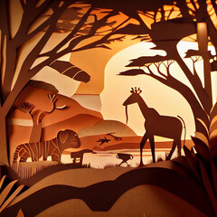 Fototapeta na wymiar Safari landscape with animals. Multidimensional paper art. 3D illustration
