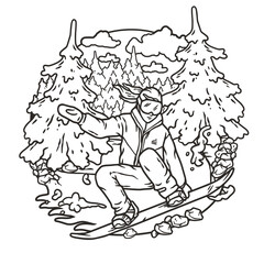 A snowboarder descends a snowy mountain. A winter extreme sport. Printable print about snowboarding