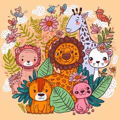 Cute doodle safari animals with floral illustration