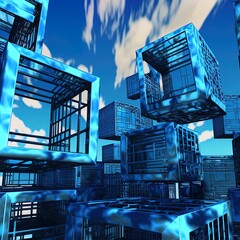 Fototapeta na wymiar Blue metal cubical structures under the blue sky