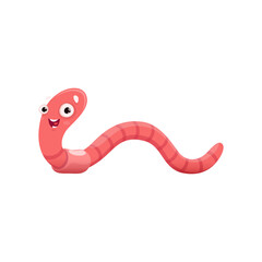 Fototapeta premium Cartoon earthworm, funny vector worm character with cute smiling face and big eyes. Earth worm crawl, pink vermicompost insect. Isolated wildlife creature, garden invertebrate rainworm or angleworm