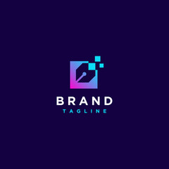 Obraz premium Digital Pen Inside Square Logo Design. Pen Icon In Box With Accented Pixels Digital Logo Design.