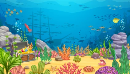 Wandcirkels Piraten Cartoon underwater landscape with sunken frigate ship. Vector game level background with shipwreck vessel on sea bottom, treasure chest, aquatic plants, coral reef, rocks and animals. Ocean scene  © Vector Tradition